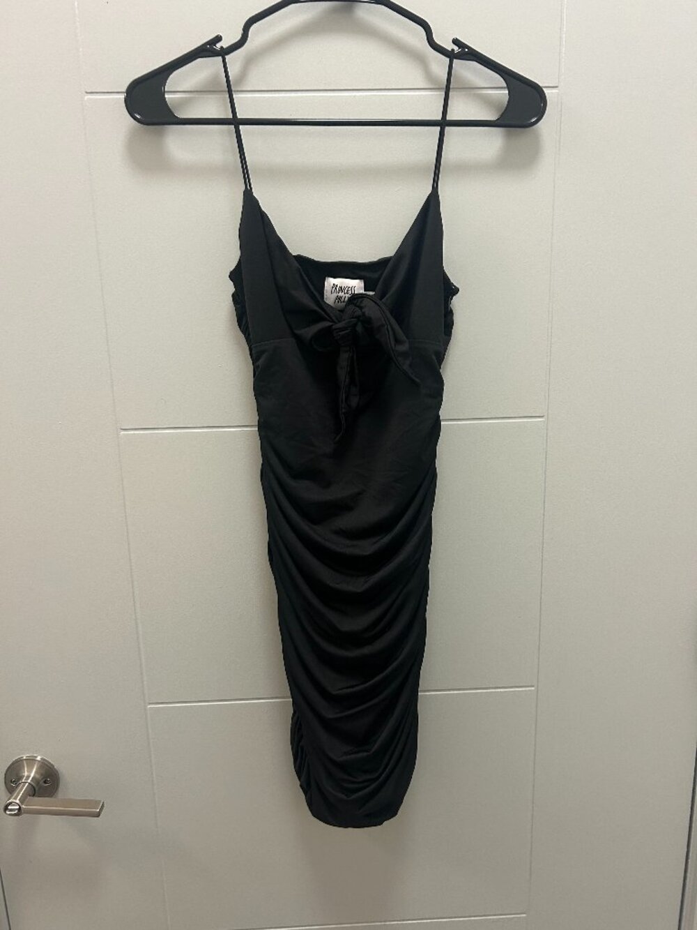 *Princess Polly Black Ruched Mini Dress US 4 Side Zip Bodycon Front Tie Party